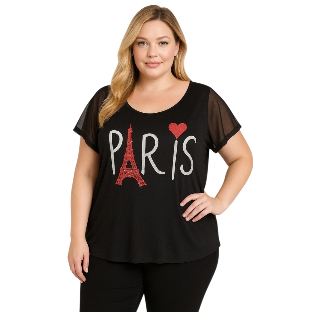 Julie’s Closet Paris Graphic Top 1X Black Mesh Sleeves Rhinestone Detail